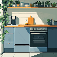 modern kitchen interior. A vector gray kitchen with a minimalist design and modern appliances. The kitchen is decorated with green plants.