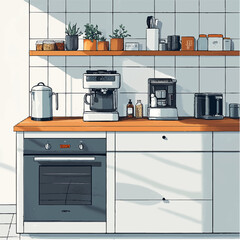 modern kitchen interior. A modern kitchen with a minimalist design. The image shows a light-colored kitchen unit with smooth cabinetry, and the countertop displays appliances and kitchen utensils.