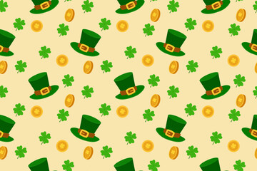 Seamless vector pattern featuring leprechaun hats, gold coins, and four leaf clovers, perfect for St Patrick&rsquo;s Day designs for wrapping paper, textiles, and holiday themed decor.