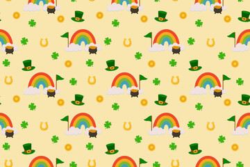 Seamless St Patrick&rsquo;s Day vector pattern with rainbow, pot of gold coins, horseshoe, leprechaun hat, four leaf clovers and green bunting flags on isolated yellow background for wrapping paper.