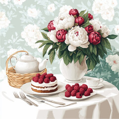 cup of tea and cake. A beautiful retro-style picture with peonies. A cake and a white teapot are on the table. Vector illustration suitable for postcards, posters, and restaurant menus.