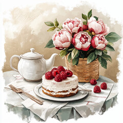 cake with cherry. A beautiful retro-style picture with peonies. A cake and a white teapot are on the table. Vector illustration suitable for postcards, posters, and restaurant menus.