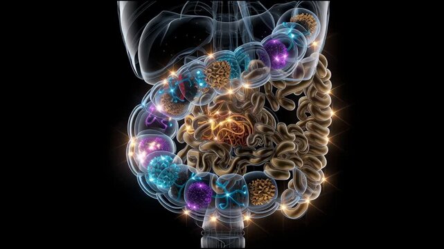 A colorful, glowing, and of a digestive stomach and intestine .  in the dark abstract background