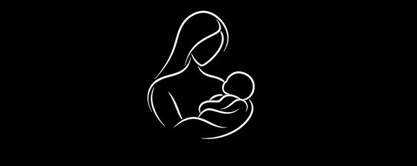A tender white line-art silhouette of a mother holding and breastfeeding her baby on black background