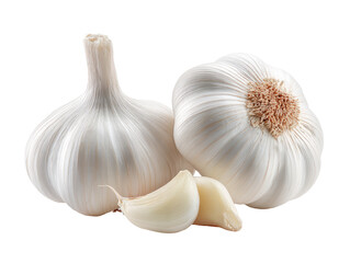 Two whole heads of garlic, and two cloves, against a black background