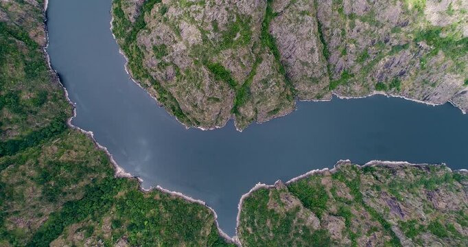 Ribeira Sacra top down aerial view of Sil Canyon the concept of nature's symmetry