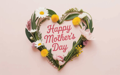 heartshaped floral arrangement with happy mothers day message on pink