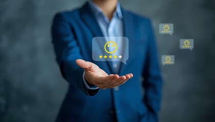 A businessman in a blue suit is holding out his hand with a digital rating icon floating above it, surrounded by similar icons, symbolizing customer satisfaction and feedback.