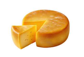 Round cheese wheel, golden hue, sliced section