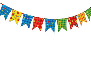 Obraz premium Colorful party bunting flags with floral and plaid patterns isolated on transparent background