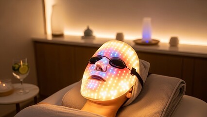 LED beauty mask treatment in relaxing spa room