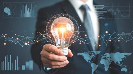 Businessman holding illuminated light bulb with global network connections