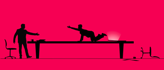 A businessman loses his composure and excitedly crawls  to anxiously shake hands and seal a good deal they have been negotiating. This is an illustration on business negotiations 