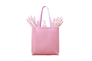 Pink tote bag with white gloves and hand sanitizer