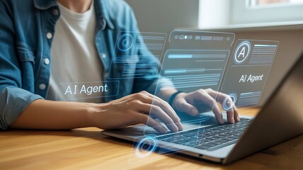 A person is working on a laptop with an AI agent interface displayed on the screen, indicating the integration of artificial intelligence in daily tasks.