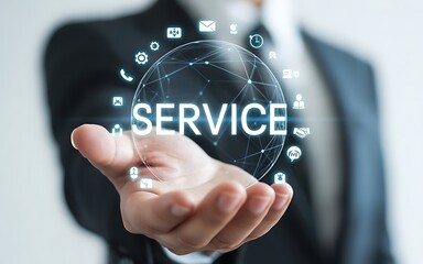 A professional in a suit is holding a transparent globe with the word 'SERVICE' in the center, surrounded by various icons representing different aspects of customer service and communication.