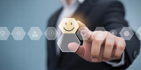 Customer Satisfaction in the Digital Age: A man's hand elegantly interacts with a digital interface, selecting a glowing smiley face.