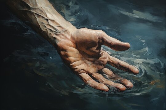 Human hand with prominent veins reaching into dark water, creating ripples
