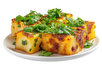 Golden, crispy potato cubes, garnished with fresh herbs