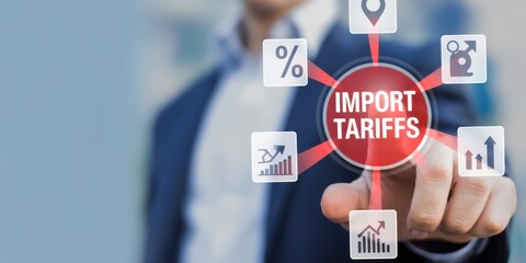 Analyzing Import Tariffs: A man in a suit interacting with a digital interface, centered around the term IMPORT TARIFFS, demonstrating a focus on international trade.