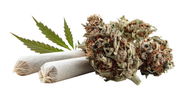Cannabis buds with rolling papers isolated on a white background. 