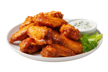 Crispy, golden-brown chicken wings piled high on a white plate, alongside a small bowl of blue cheese dressing and celery