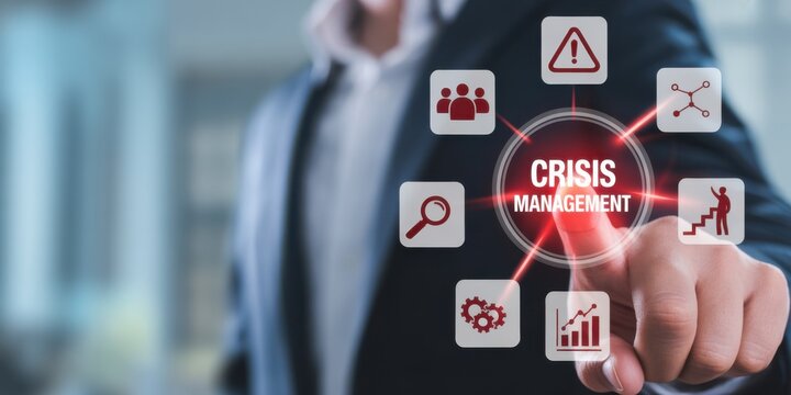 Crisis Management in Business: An executive's decisive action, activating digital interfaces to navigate complex challenges, symbolizing strategic resilience and informed decision-making.