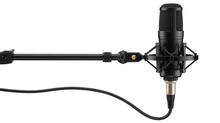 High-end black condenser microphone on adjustable arm, XLR cable with metallic details, matte finish, professional studio lighting, soft shadows, modern sleek design, pure white background.