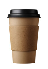 Single disposable coffee cup, light brown cardboard paper sleeve, black lid
