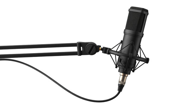 High-end black condenser microphone on adjustable arm, XLR cable with metallic details, matte finish, professional studio lighting, soft shadows, modern sleek design, pure white background. - Powered by Adobe