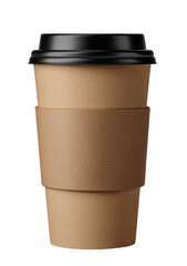 A disposable coffee cup, light brown cardboard, black lid, insulated sleeve