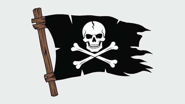 Jolly Roger pirate flag with skull and crossbones on wooden pole