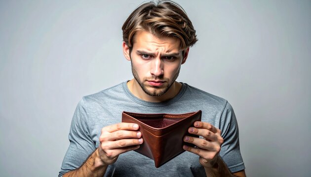 Finanzielle Krise und Insolvenz &ndash; Gestresster Mann mit leerem Portemonnaie
