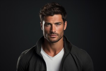 Obraz premium Confident man posing for a portrait with a serious expression against a dark background