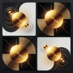 Modern abstract background bundle with golden particle rings, electric energy effects, black and white panels and futuristic luxury style