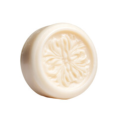 Round, creamy, off-white bar soap with embossed floral design