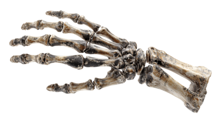 Skeleton hand holding nothing isolated on a white background. 