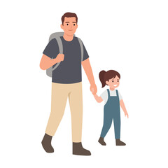 Father Walking with Daughter Holding Hands. Flat vector illustration isolated on white background