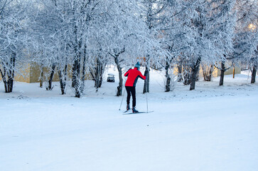 Skier gliding through snowy park surrounded by frost-covered trees in sunset light, enjoying winter recreation amid golden hour forest trails. Outdoor sports and seasonal nature activity themes.
