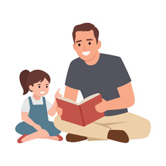 Father Reading Book with Daughter. Flat vector illustration isolated on white background