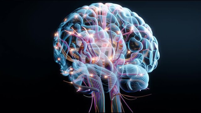 A brain with many red and blue lines. The brain is shown in a very detailed way