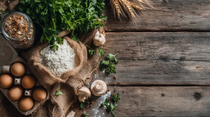 Fresh Ingredients for Cooking with Eggs, Herbs, Garlic, Flour, and Oats on Rustic Wooden Table for Culinary and Food Preparation Concepts