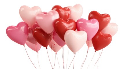 Pink and red balloons shaped like hearts isolated on a white background