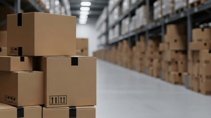 Stack of cardboard boxes in warehouse. Shipping, logistics, storage, distribution, and inventory. E-commerce and retail supply chain. Delivery concept