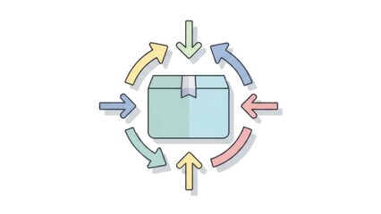Arrows point toward a package from multiple directions. Delivery and distribution process for a product or service. Logistics and e-commerce concept.