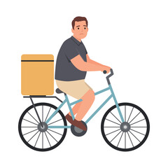 Overweight Man Riding Bicycle with Delivery Box. Flat vector illustration isolated on white background