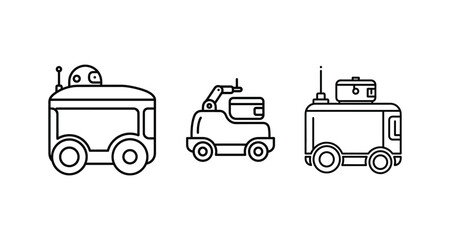Smart delivery robot set of line art vector illustration