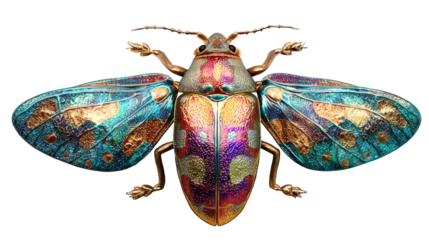 Exotic tropical insect with metallic wings macro isolated on a white background