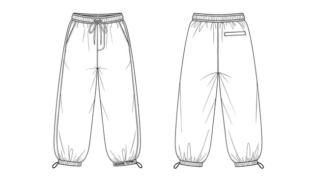 Fashionable baggy sweatpants technical drawing showcases relaxed streetwear apparel with drawstring waist and ankle cuffs for modern athletic style, perfect for casual design and g.