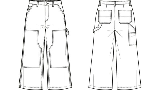 Wide-Leg Carpenter Pants Technical Fashion Flat Sketch Illustrates Denim Apparel Design, Showcasing Pockets, Loops, Relaxed Silhouette for Garment Production and Fashion Industry S.